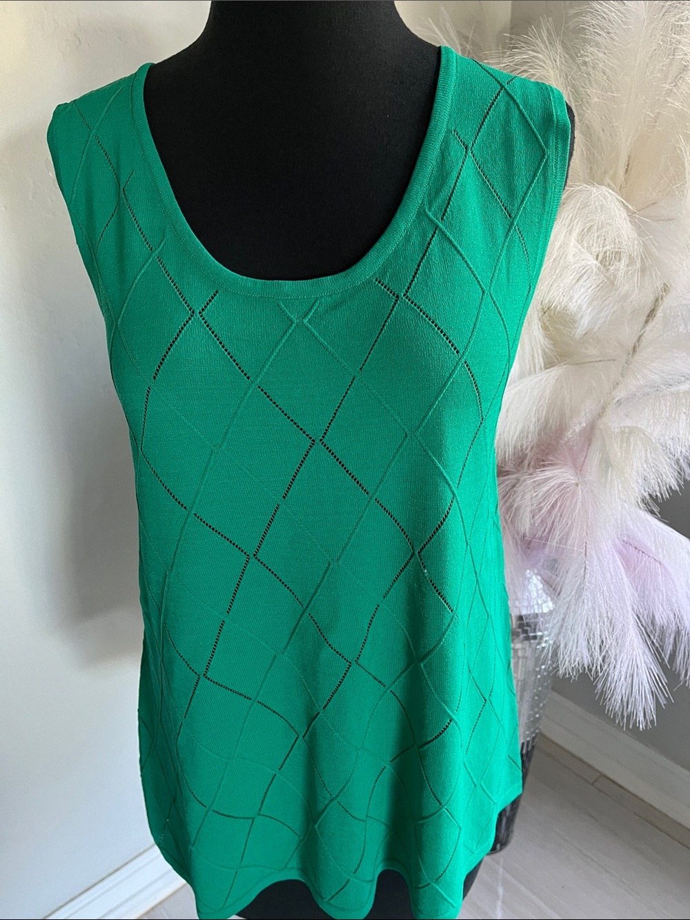 Sleeveless Diamond Pointelle Knit Tank in Emerald Green